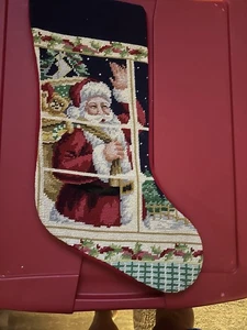 Santa Delivering Toys and Waving Needlepoint Christmas Stocking 20” Completed - Picture 1 of 4