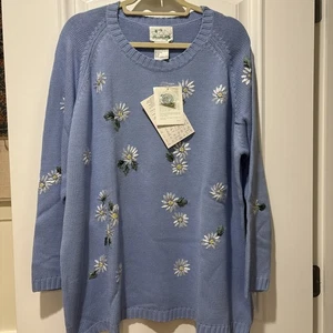 VTG. THE QUACKER FACTORY KNITS QVC BLUE FLORAL DAISY & BEE'S CREW SWEATER 2X NWT - Picture 1 of 17