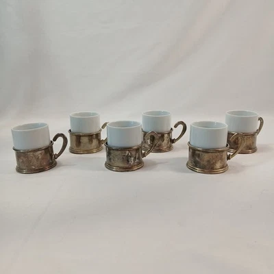 Juego de 6 tazas de café espresso vintage de porcelana de 2,5" con soportes metálicos plateados Foto 1 de 4