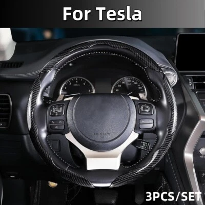 For Tesla 3x 15" Clip on Car Carbon Fiber Auto Steering Wheel Cover Set Non-slip Foto 1 de 4