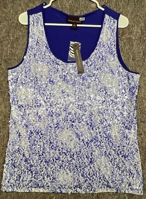 Camiseta sin mangas Dana Buchman azul blanco lentejuelas frontal talla L  Foto 1 de 4