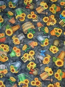 SUNFLOWER FLORAL SUNFLOWERS POTS WATER CANS BLACK DIGITAL PRINT COTTON FABRIC FQ - Picture 1 of 6