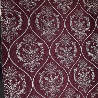 Burgundy Wine & Silver Ogee Medallion Reversible Chenille Upholstery 56" By Yard - Image 1 of 4
