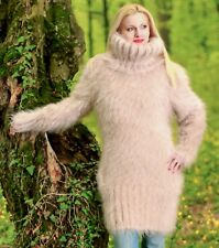 Beige thick mohair sweater dress turtleneck hand knitted fuzzy tunic SuperTanya