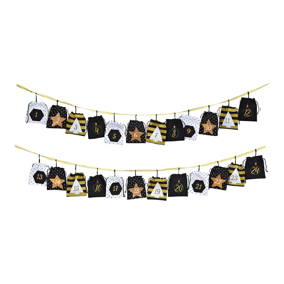 Adventskalender Textil Säckchen Schwarz Weiß Gold Weihnachten Beutel  260cm lang - Bild 1 von 1