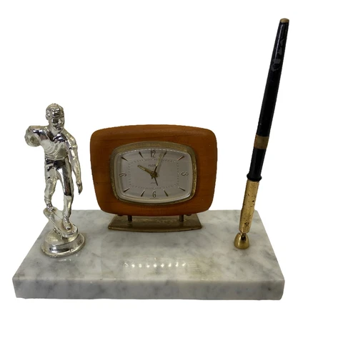 Vtg FLORN Bowling Desk Alarm Clock w/ Pen Holder on Marble Base Germany Cover