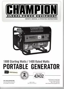 Champion Power Generator Owner's Manual Operating Instructions Model 42432 - Picture 1 of 1