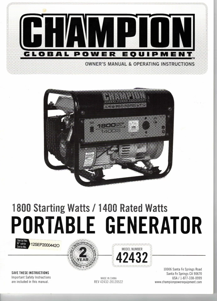 Champion Power Generator Owner's Manual Operating Instructions Model 42432 - Image 1 of 1