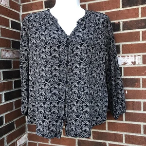 Lucky Brand Womens Elastic Wrist Button Down Shirt Black Floral Print 2X/20 - Picture 1 of 5