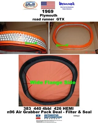 Road Runner GTX N96 1969 Air Grabber filtro de aire y sello 2898458 2946186 Foto 1 de 2