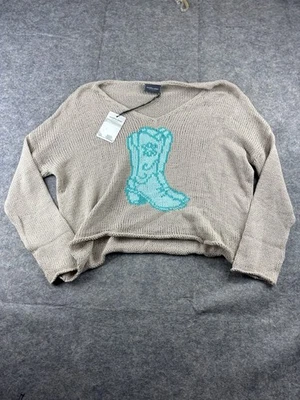 Wooden Ships Women’s S/M Cowboy Boot Sweater Raglan Cotton Coastal Cowgirl Relax - Image 1 of 4