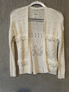Abercrombie Kids Girls Sz 11/12 Ivory Open Front Cardigan Fringe Sweater Knit - Picture 1 of 3