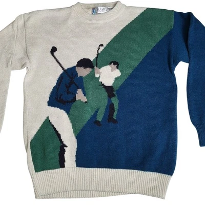 Players Van Heusen Golf Sweater Mens Medium Cream Blue Green Knit Vintage FLAWED - Image 1 of 4