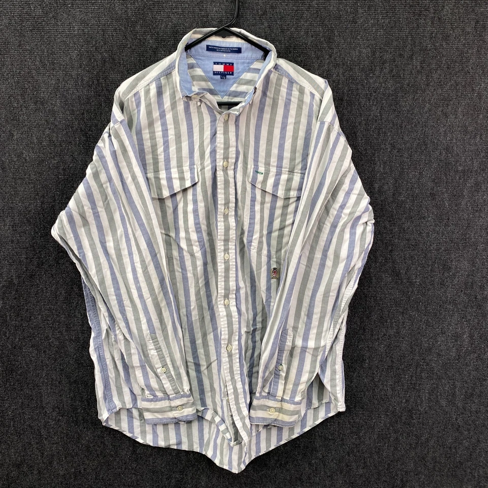 Tommy Hilfiger Mens Large Button Down Shirt Blue White Grey Stripe Pockets Crest - image 1 of 4