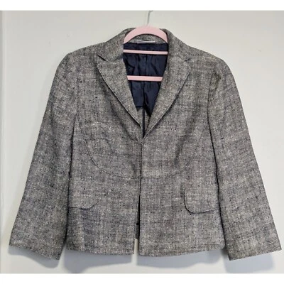 Akris Punto Silk Textured Cropped Blazer Blue White Gray Size 10 - Image 1 of 4