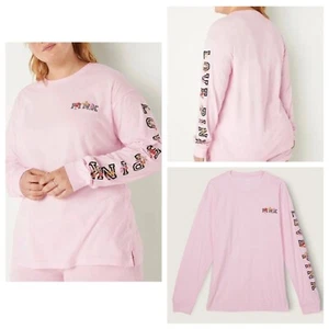 VS VICTORIAS SECRET PINK CAMPUS LONG SLEEVE TEE TOP PINK ABOUT IT FLORAL S - Picture 1 of 5