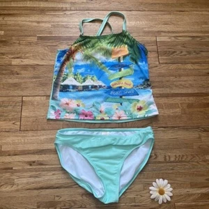 OP Ocean Pacific Mint & Multi-Color Mesh Hawaiian Tankini Swim Top And Bottoms X - Picture 1 of 8