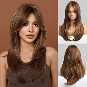 100% Human Hair! New Women's Long Light Brown Blond Straight Full Wigs 24 Inch