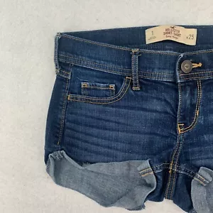 Hollister Short-Short Low Rise Denim Cut Off Shorts Womens Cuffed Blue Sz 1/W25 - Picture 1 of 12