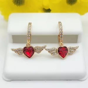 18K Gold Plated. CZ Red Heart & Icy Wings Small Hoop Earrings. Women Fashion. - Picture 1 of 5