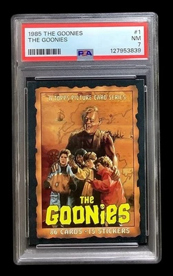 1985 topps goonies #1 chunk, sloth, mouth rc; title header card PSA 7  (iAPPEAL) - Image 1 of 2