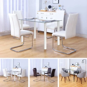 Kitchen Glass Dining Table Set and 4 Chairs Faux Leather Padded Seat Bistro Cafe - Picture 1 of 43