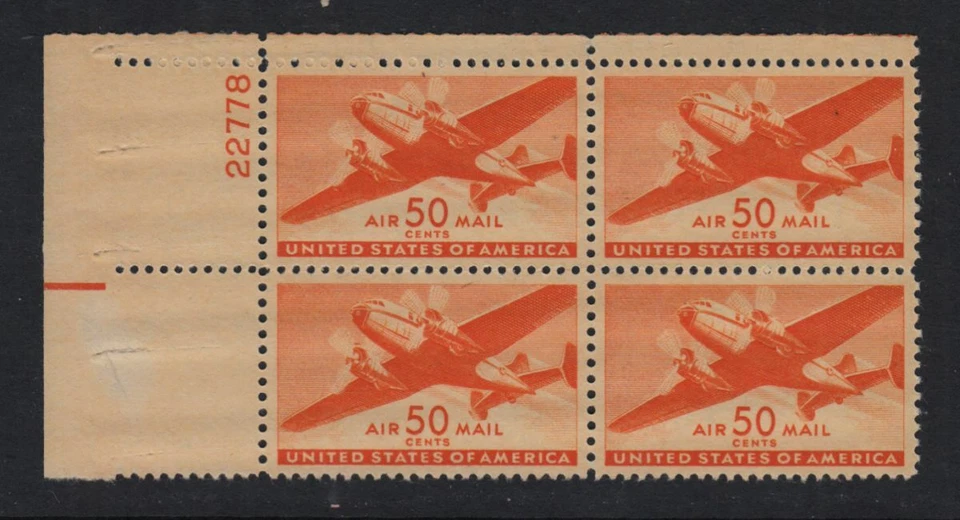 1946 Transport Plane Sc C31 50c Airmail MNH plate block Durland CV $60 - Image 1 of 1