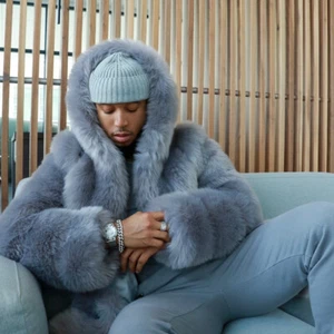 Cappotto uomo vera pelliccia di volpe giacca con cappuccio invernale soffice pelliccia giacca caldo spesso soprabito - Foto 1 di 4