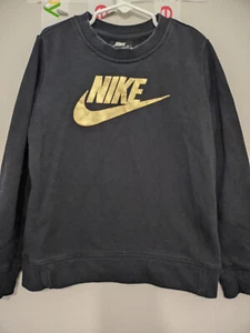 Nike Sweatshirt Girls S BLK Sportswear Club Fleece Crew Pullover Retro Gold Logo - Picture 1 of 15