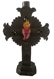 Lg Vtg Standing Mexico Tin Art Sacred Heart Alter Cross Rustic Handmade Folk Art - Picture 1 of 15