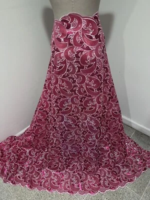 Fuchsia Pink Embroidery Sequins Lace Fabric 50” Width Sold By Yard - Image 1 of 4