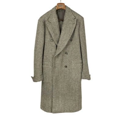 Autumn Winter Tweed Herringbone Overcoat Double Breasted Warm Casual Long Coat - Image 1 of 4