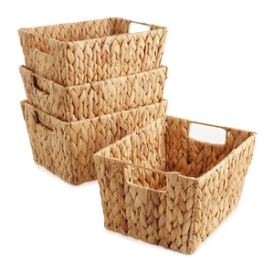 4pk Hyacinth Storage Baskets w Handles 12x9x6, Wicker Bins for Shelves, Natural - Picture 1 of 1