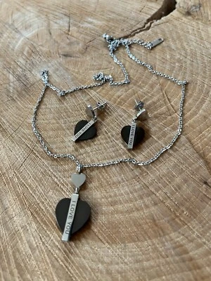 Stainless Steel I Love You Set Of Heart Black Ceramic Earrings And Necklace  - Image 1 of 4