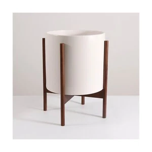 Mid Century Pot with Walnut Wood Stand - 12 inch Indoor Large Ceramic Planter... - Picture 1 of 6
