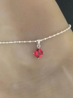 Princess Cut Red Ruby Women's Charm Classic Anklets In 935 Argentium Silver - Image 1 of 4