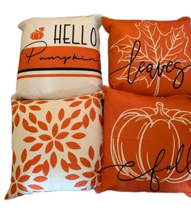 4 Halloween Cushions Orange & Cream Pumpkin Themed - Picture 1 of 5