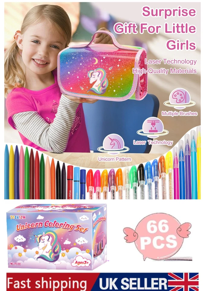 Kids Art Carry Case Colouring Pencils Markers 66 PCs Drawing Set,GIRLS XMAS GIFT - Image 1 of 4