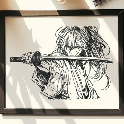 Ручка нарисованная (не принт) Rurouni Kenshin Himura Kenshin в рамке ручка и чернила искусство - Изображение 1 из 4