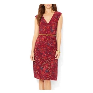 Ralph Lauren Ruched Side Faux Wrap Sheath Dress In Merlot Floral Size PS - Picture 1 of 11