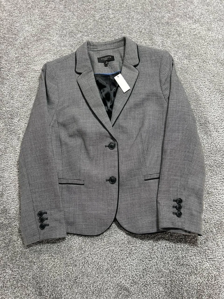 Chaqueta Blazer Talbots Mujer 14 Gris Negro Ribete de Tubería Muesca de Un Pecho Nueva Foto 1 de 4