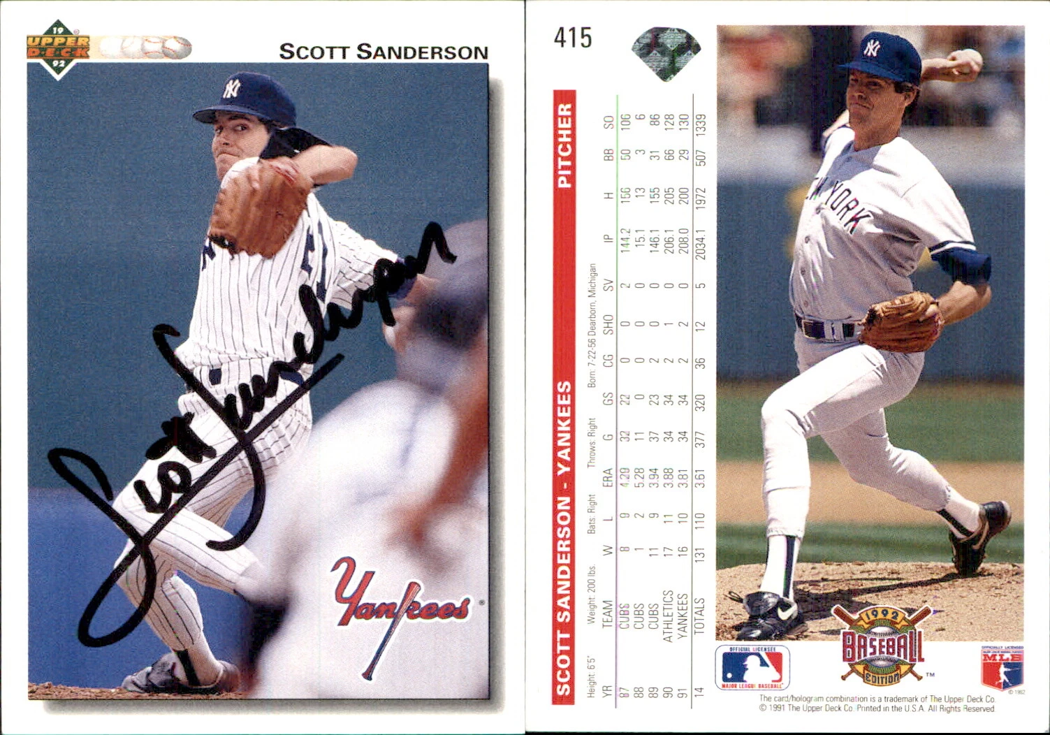 Scott Sanderson Signed 1992 Upper Deck #415 Card New York Yankees Auto AU