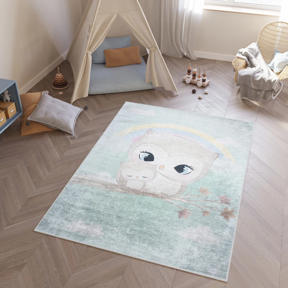 Bedruckter Kinderteppich Eulen Waschbar Antirutsch Kinderzimmmer - Bild 1 von 1