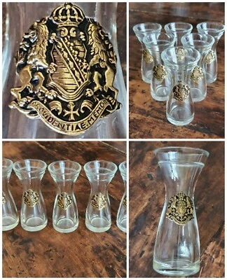 Servizio 6 BICCHIERINI 🍹LIQUORE ammazzacaffè VINTAGE vetro STEMMA targa ARGENTO - Immagine 1 di 4