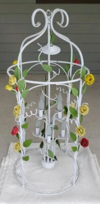 Vintage Wrought Iron Metal Toleware Style Yellow Red Floral 8 Light Chandelier  - Image 1 of 4