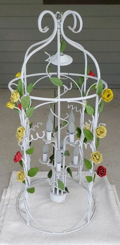 Vintage Wrought Iron Metal Toleware Style Yellow Red Floral 8 Light Chandelier Cover