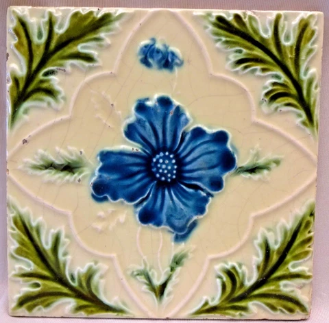 Antique English Tile Majolica Flower Motif Design Ceramic Architecture Rare "158 Cover
