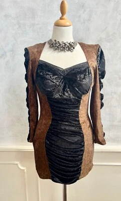 BODY WRAP Brown Paisley Velvet Medieval Ruched Whimsygoth Mini Dress Blouse S - Image 1 of 4