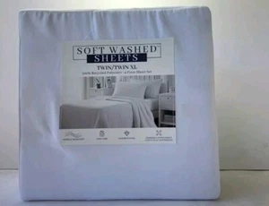Oeko-Tex Soft Washed 4pc Twin/Twin XL White Sheet Set 100% Recycled Polyester - Picture 1 of 4