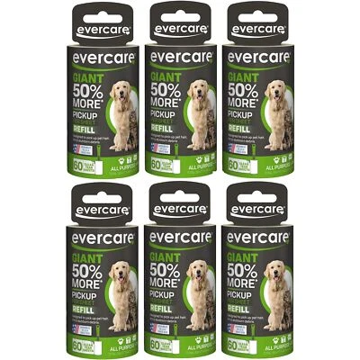Evercare Giant PET Hair Lint Remover Roller REFILL,6 Pack x 60 Sheets, 360 total